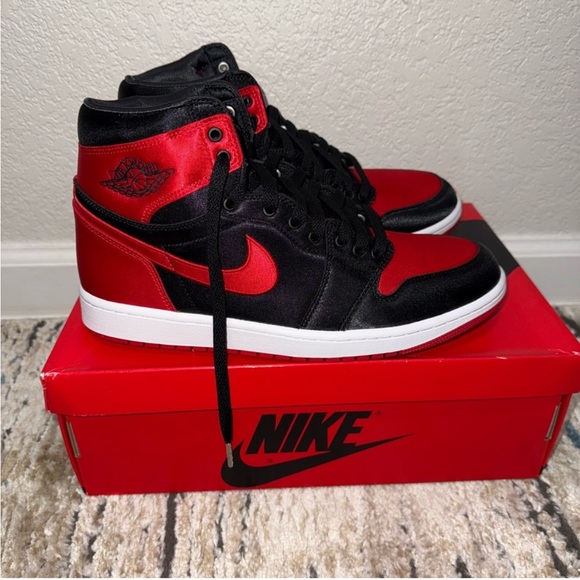 Nike Unisex Air Jordan Retro 1 in Red and Black Satin - Picture 1 of 16